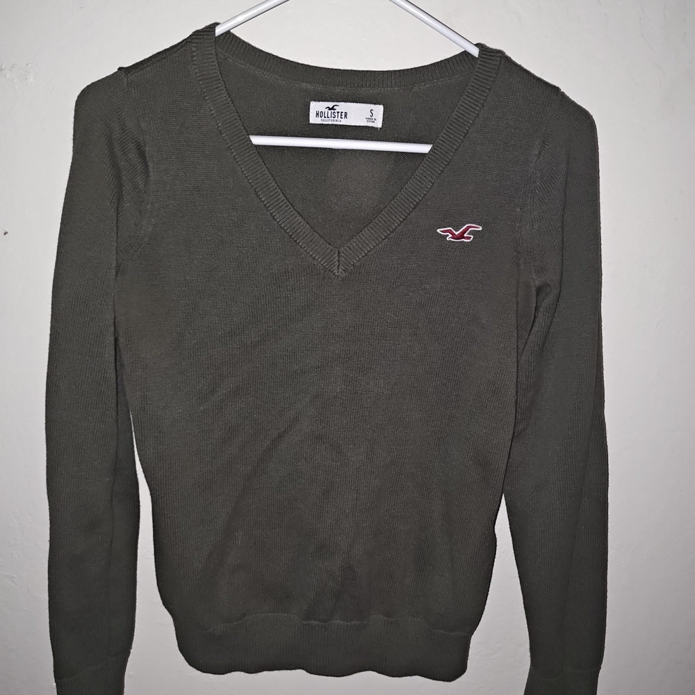 Hollister Olive Green V-Neck Sweater with Pink Logo